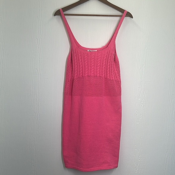 Zara - NWT Pink Knitted Chenille Spaghetti Strap Mini Dress Size Large - Picture 7 of 12